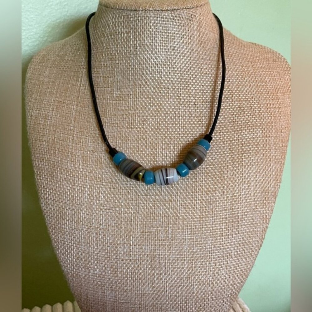 Elegant Beaded Necklace with Blue and Gray Accents